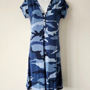 ANTONELLO Blue Camo Viscose Short Sleeve V Neck Dress Small Made In Italy
